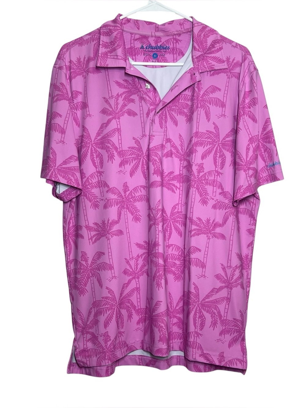 Chubbies Polo Shirt Mens Size Medium Pink Palm Tree AOP Performance Golf Casual